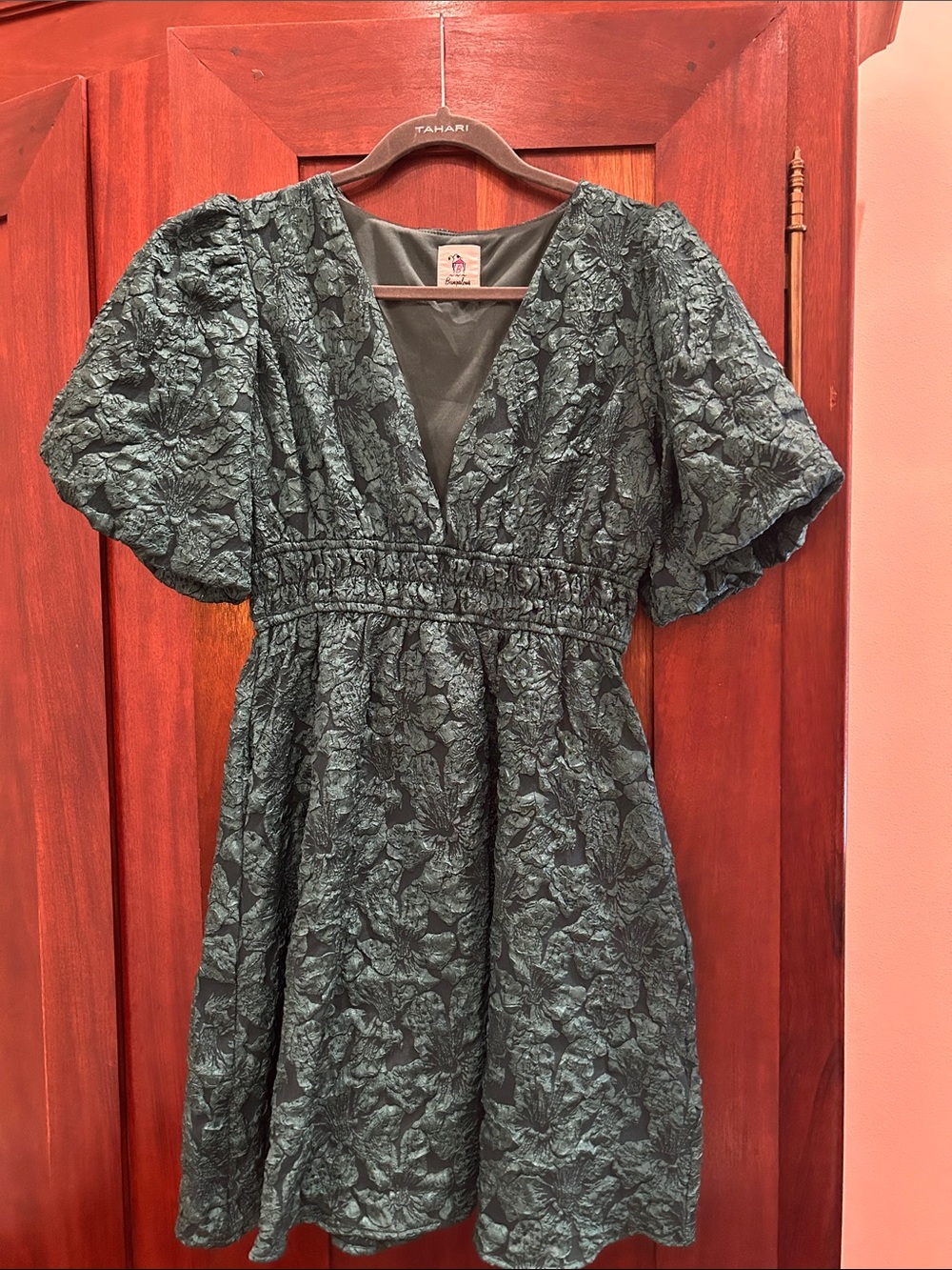Tahari Dark Green Textured V-Neck Puff Sleeve Dress